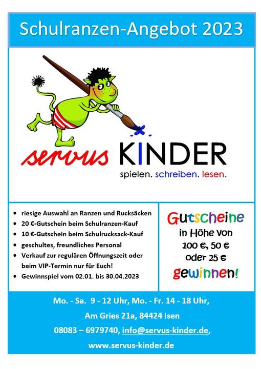 Schulranzen, Gutscheine gewinnen , Servus Kinder Isen